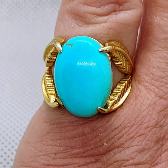 Gold Over 925 Sterling Silver Leaf Setting Ring w/Faux Turquoise Stone Size 6 - Picture 2 of 7